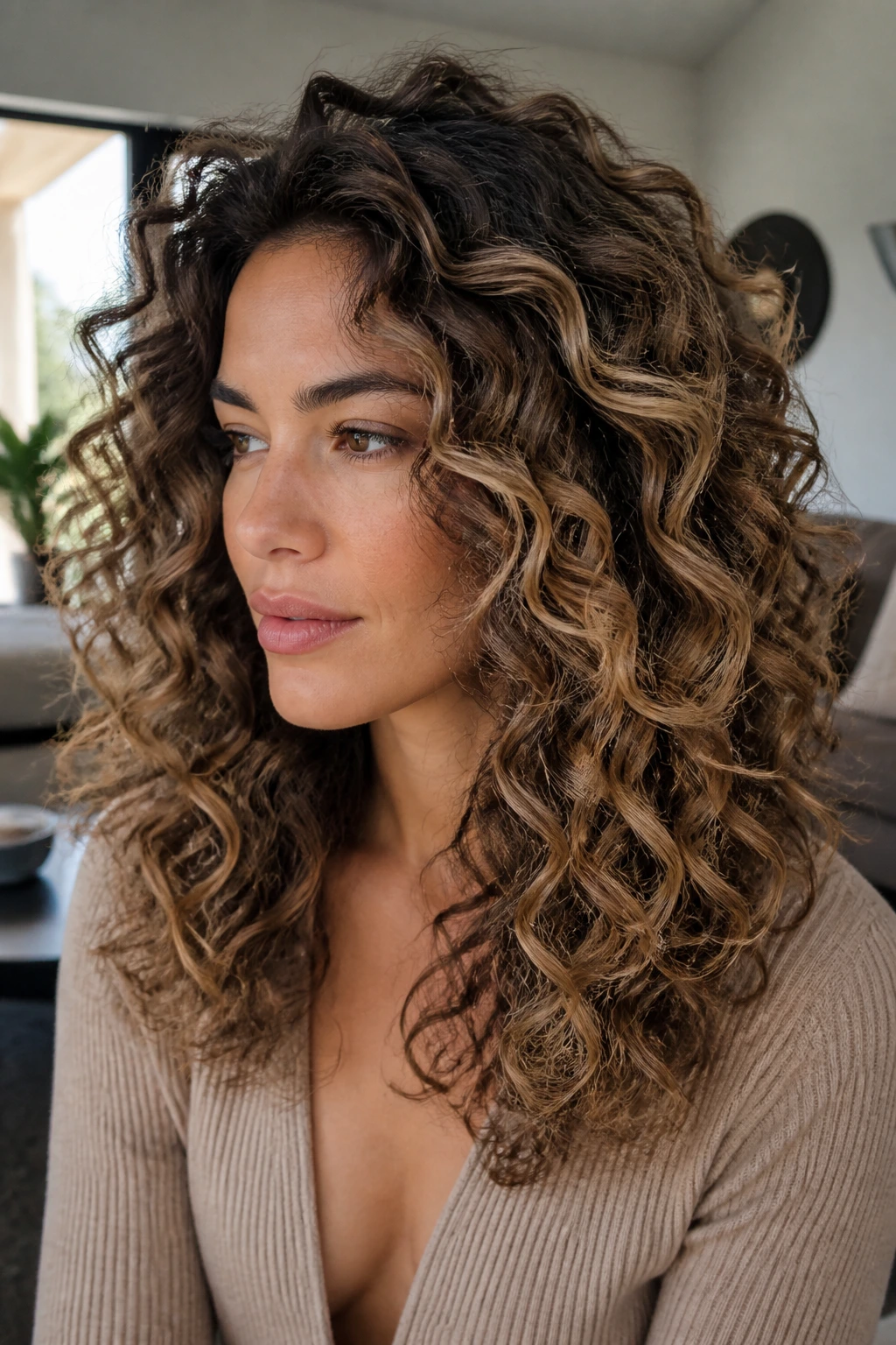 Brunette with curly halo highlights catching light in a cozy setting