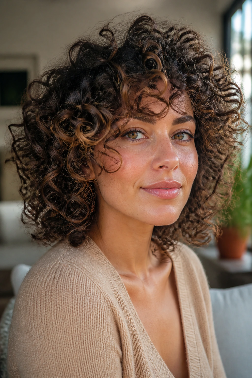 Close-up of a real woman with curly halo layers creating a halo around her face