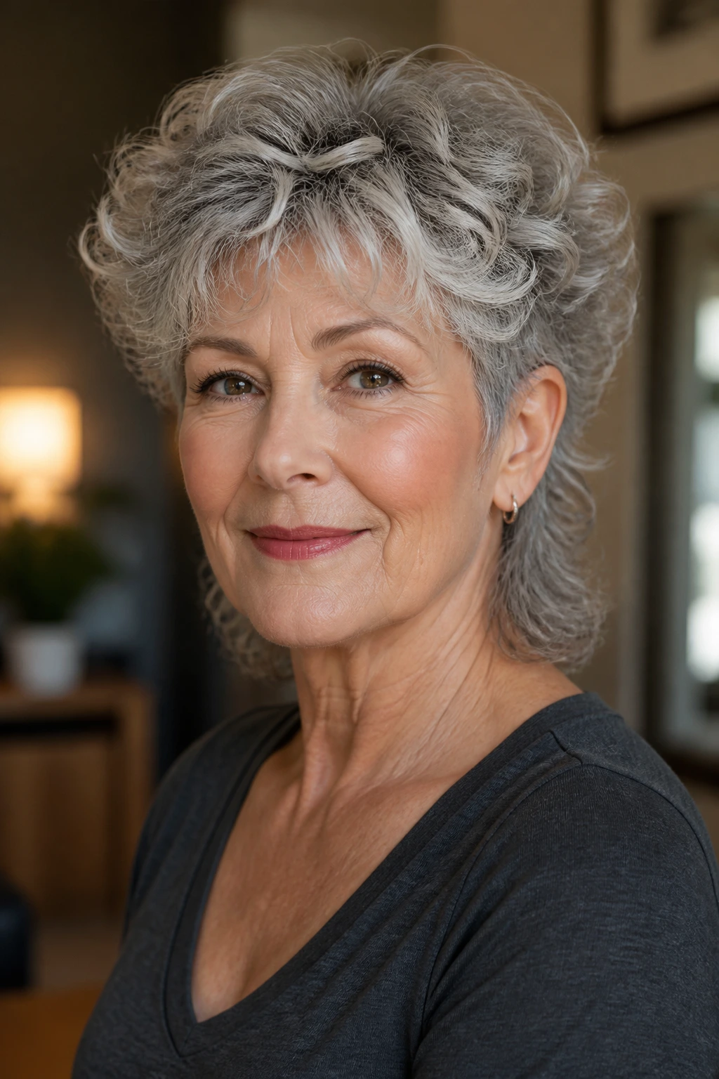 Portrait of an older woman with mullet featuring a curly halo variation