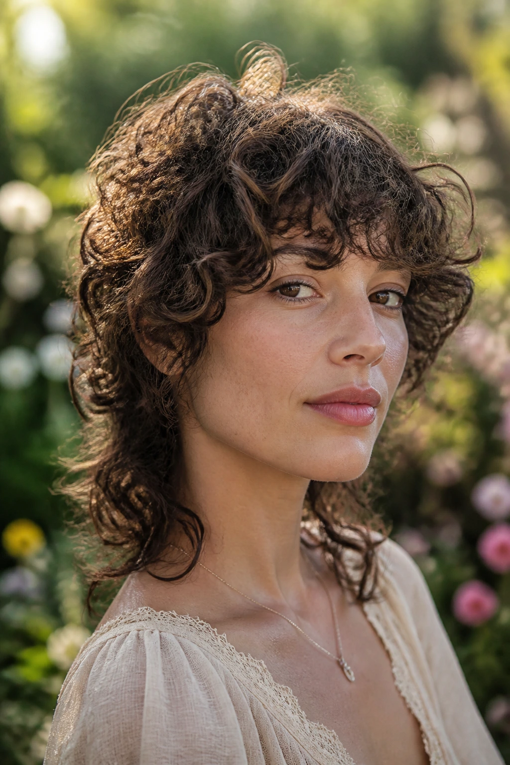 Portrait of a woman with curly halo mullet showing curl pattern and face-framing layers