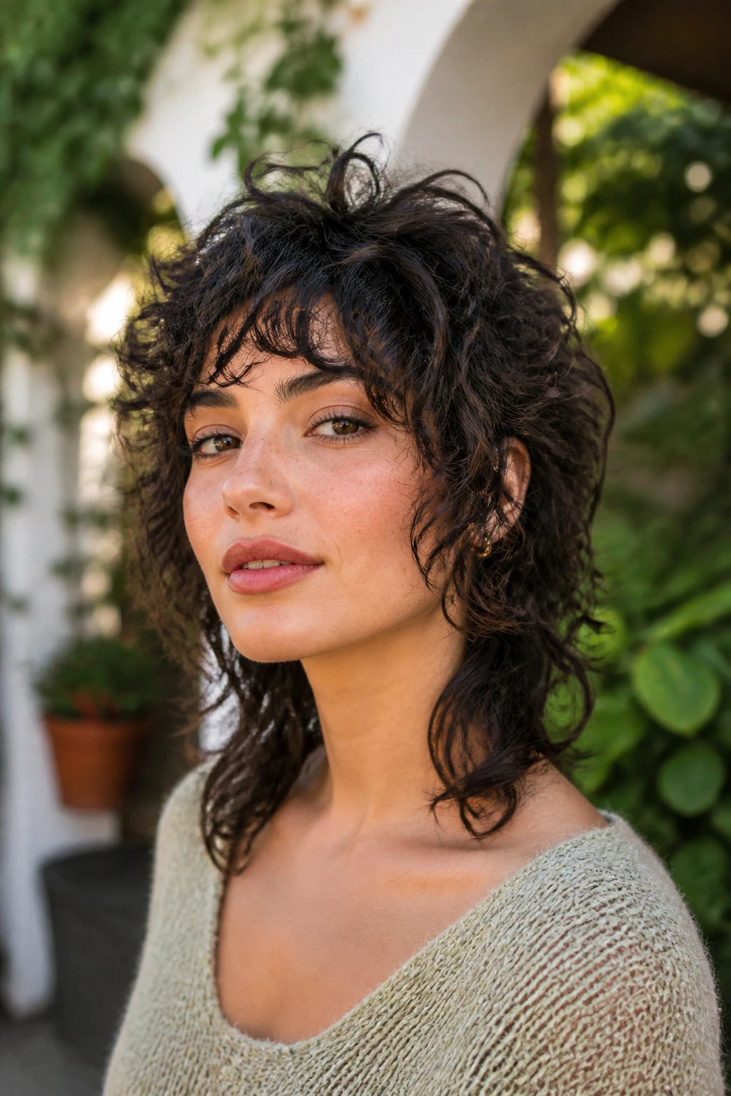 Close-up of a real woman with Curly Halo Mullet Shag and crown lift created by curls.