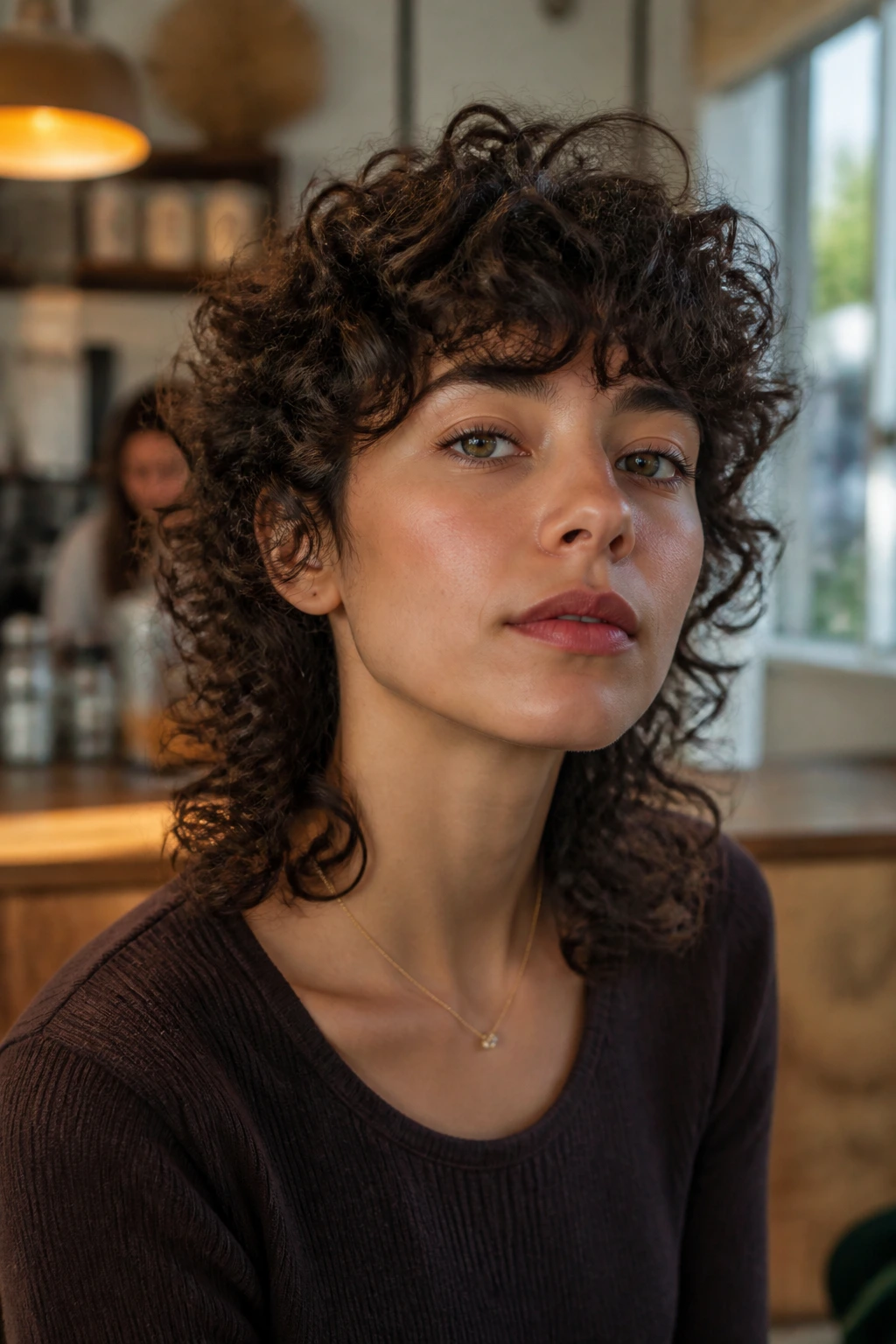 Shoulder-length mullet with curly halo variation on real person