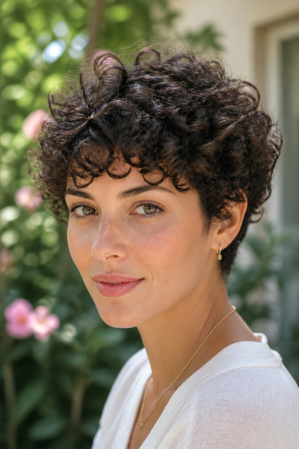 Close-up of a real woman with a curly halo pixie, curls forming a halo around head.