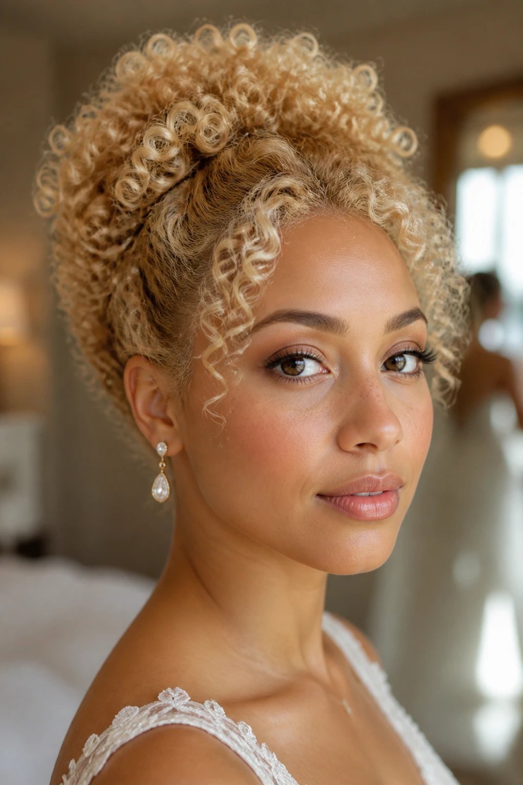 Close-up of blonde curls arranged into a halo puff for a bridal look