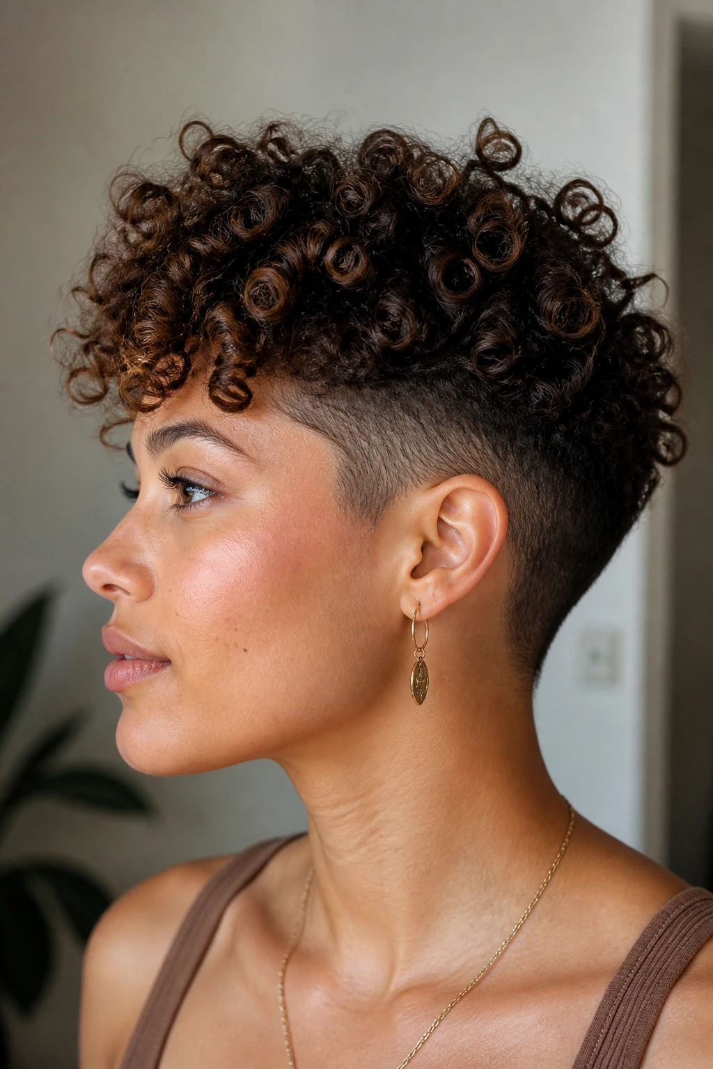 Portrait showing curly halo relief cut on a real person.