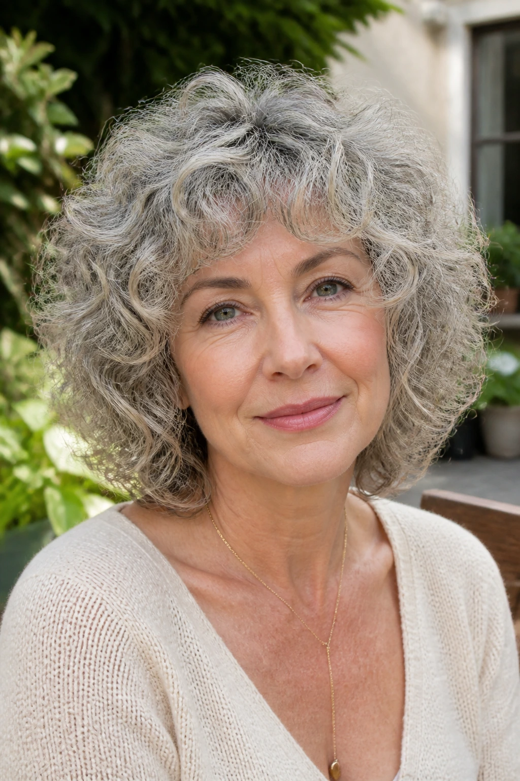 Portrait of curly halo shag with crown layers and face-framing curls