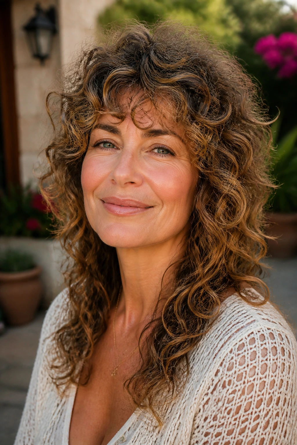 Real woman with curly halo shag showing natural texture