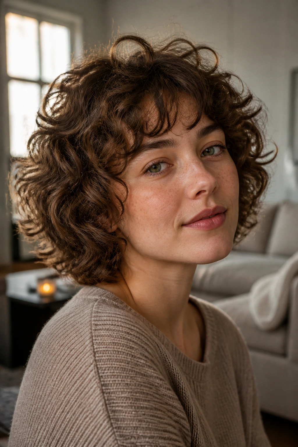 Close-up of a real person with Curly Halo Shag, curls forming a halo around the cheeks.