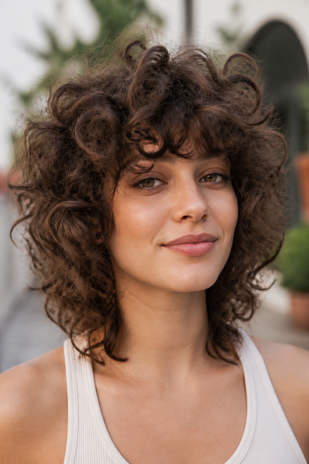 Portrait of woman with curly halo shag haircut outdoors