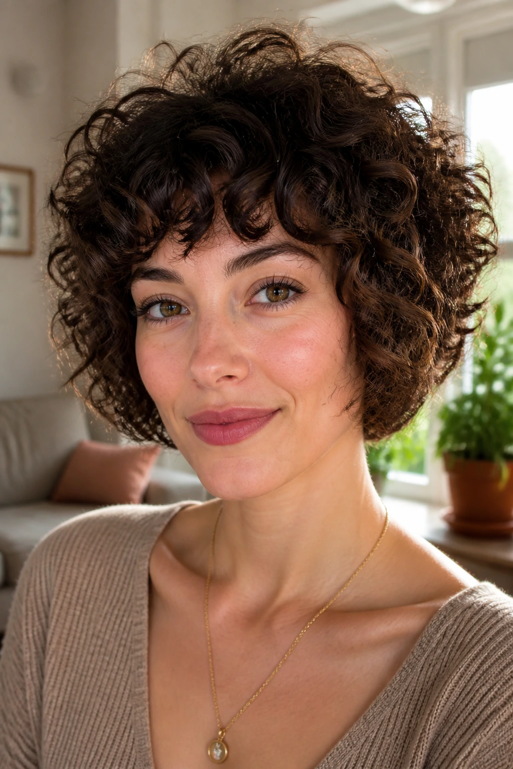 Real woman with curly halo shag showing lifted crown and rounded halo