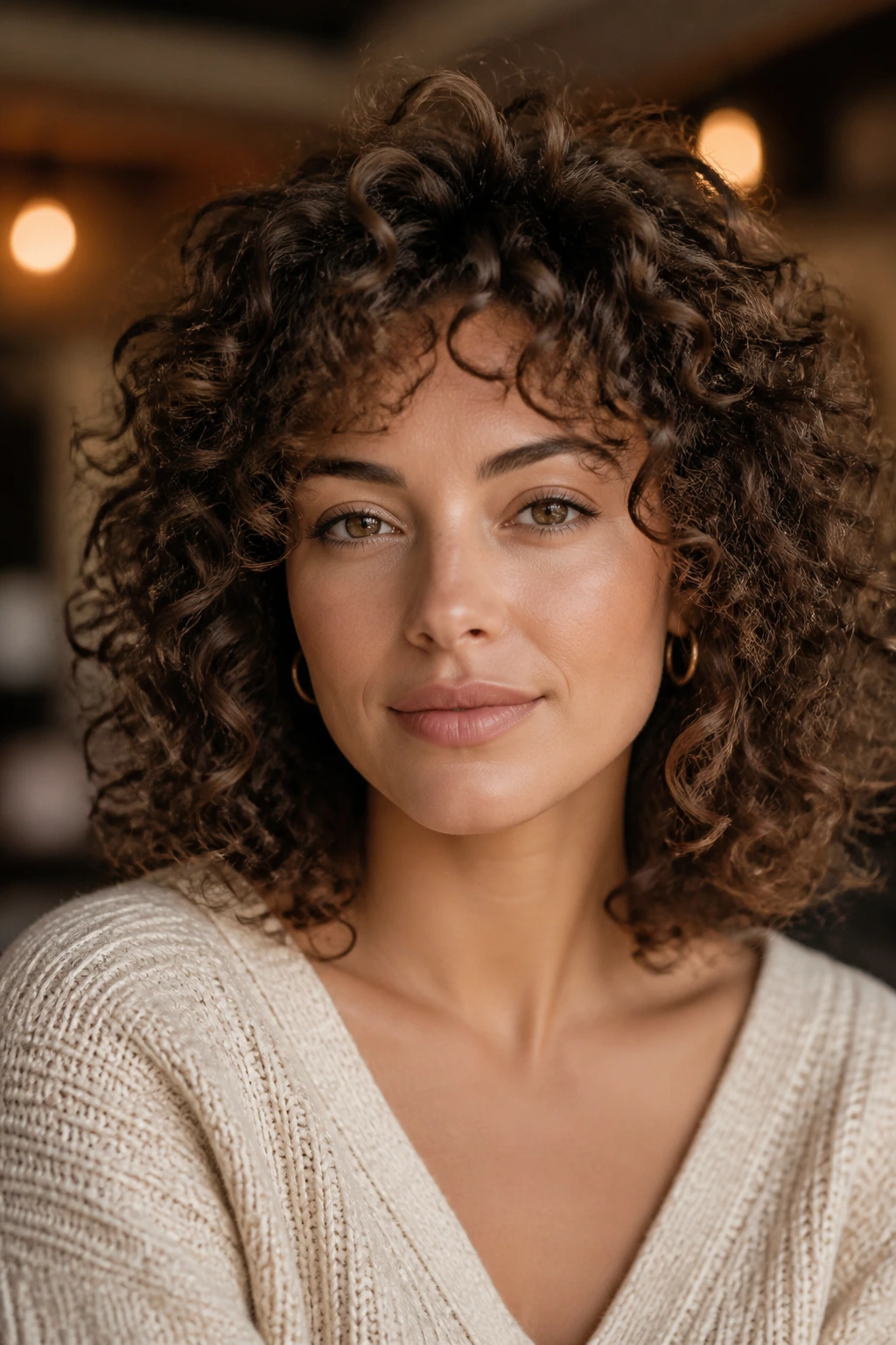 Portrait of a person with curly halo shoulder-length hairstyle