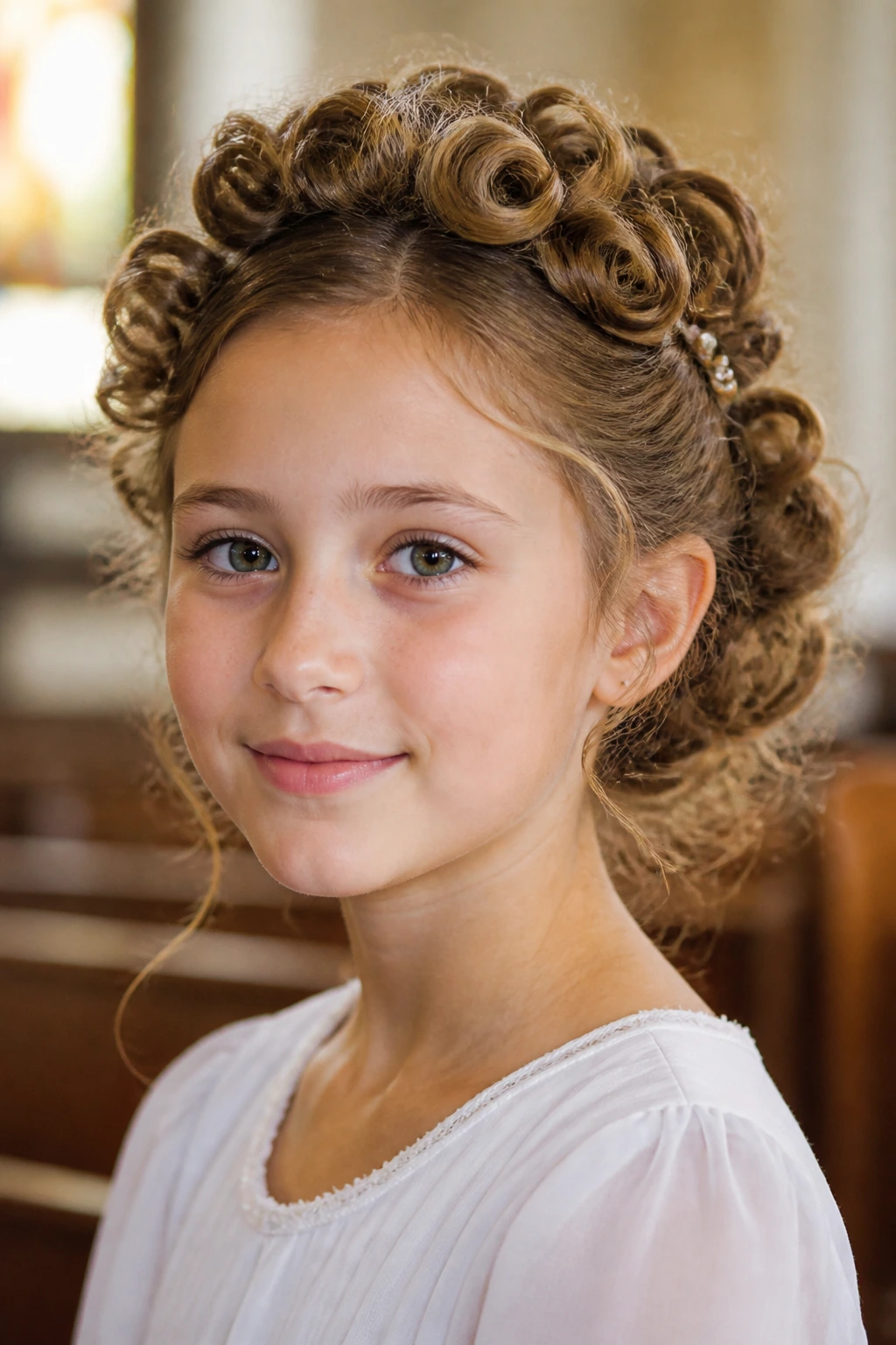 Close-up of a child with a curly halo updo showing curls around the crown