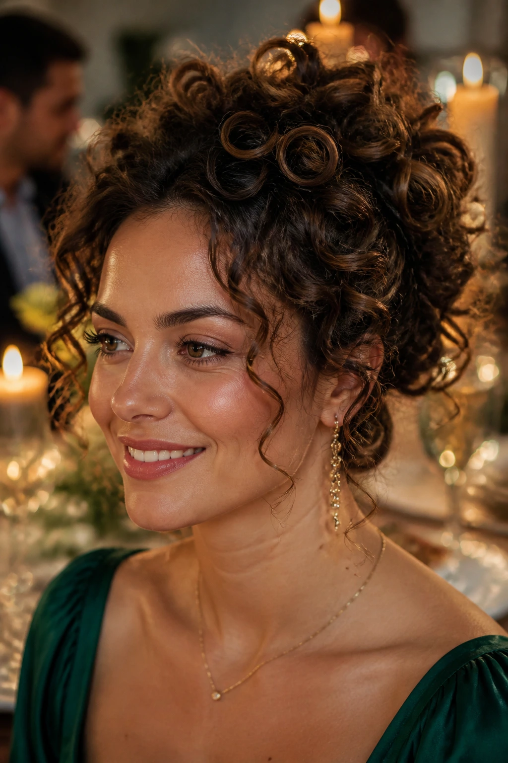 Close-up of a real woman wearing a curly halo updo with clustered pins.