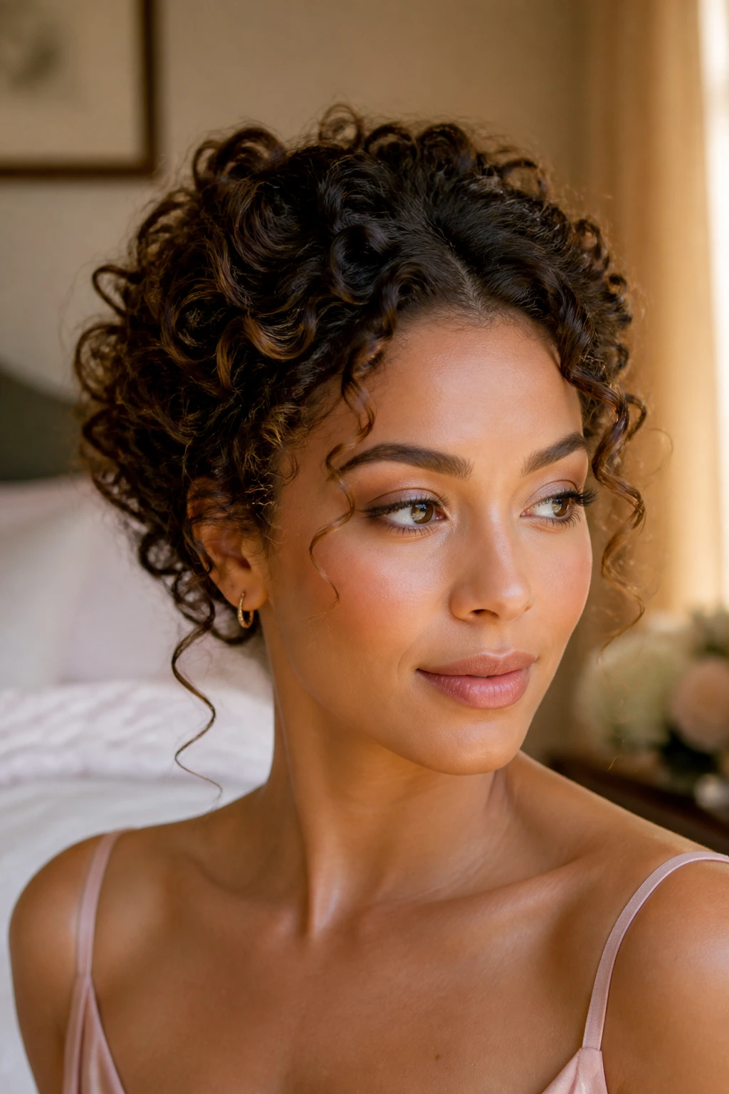 Close-up of a real woman with Curly Halo Updo, curls forming a halo around the face in warm window light