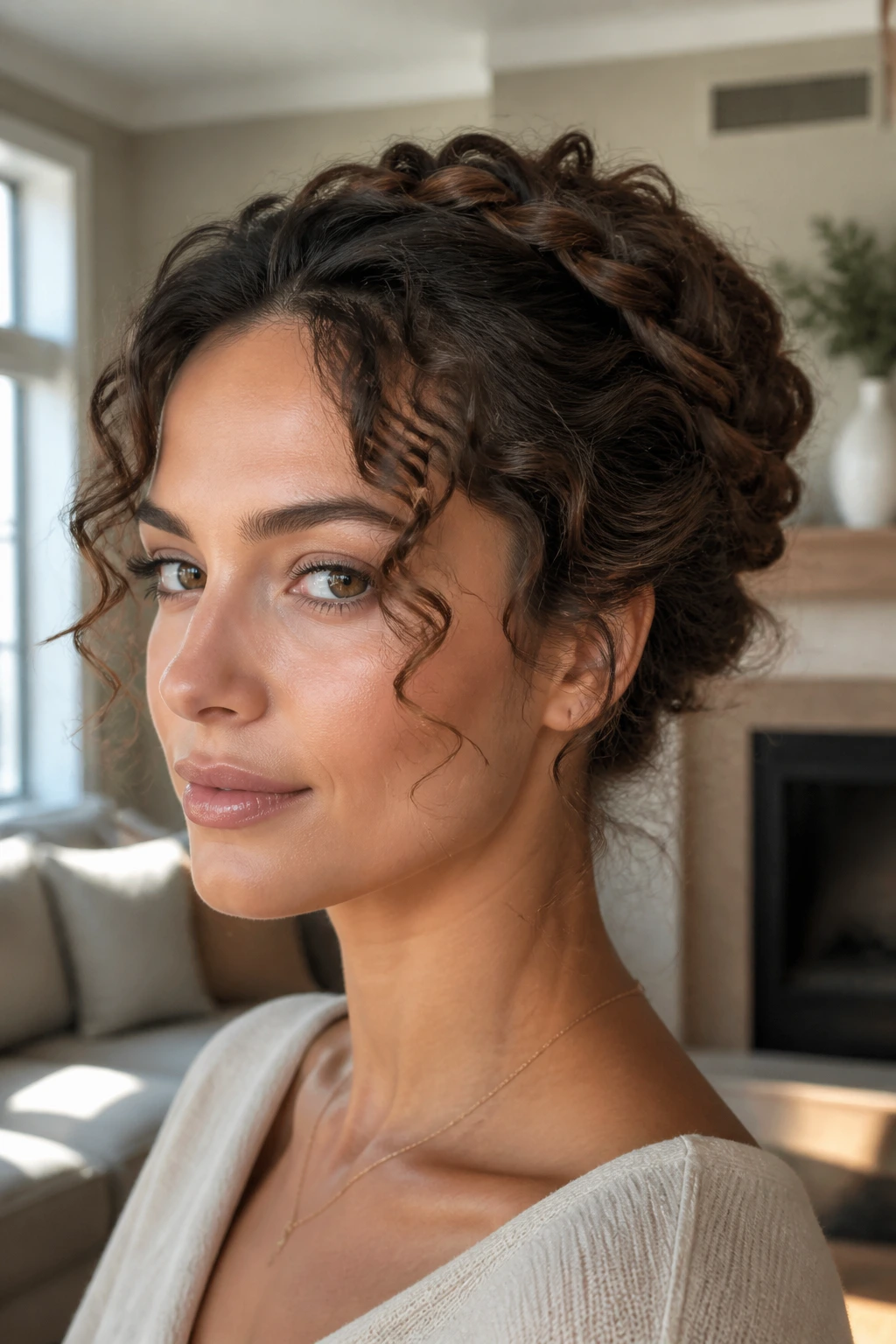 Real woman with halo-style updo showing front curl texture.