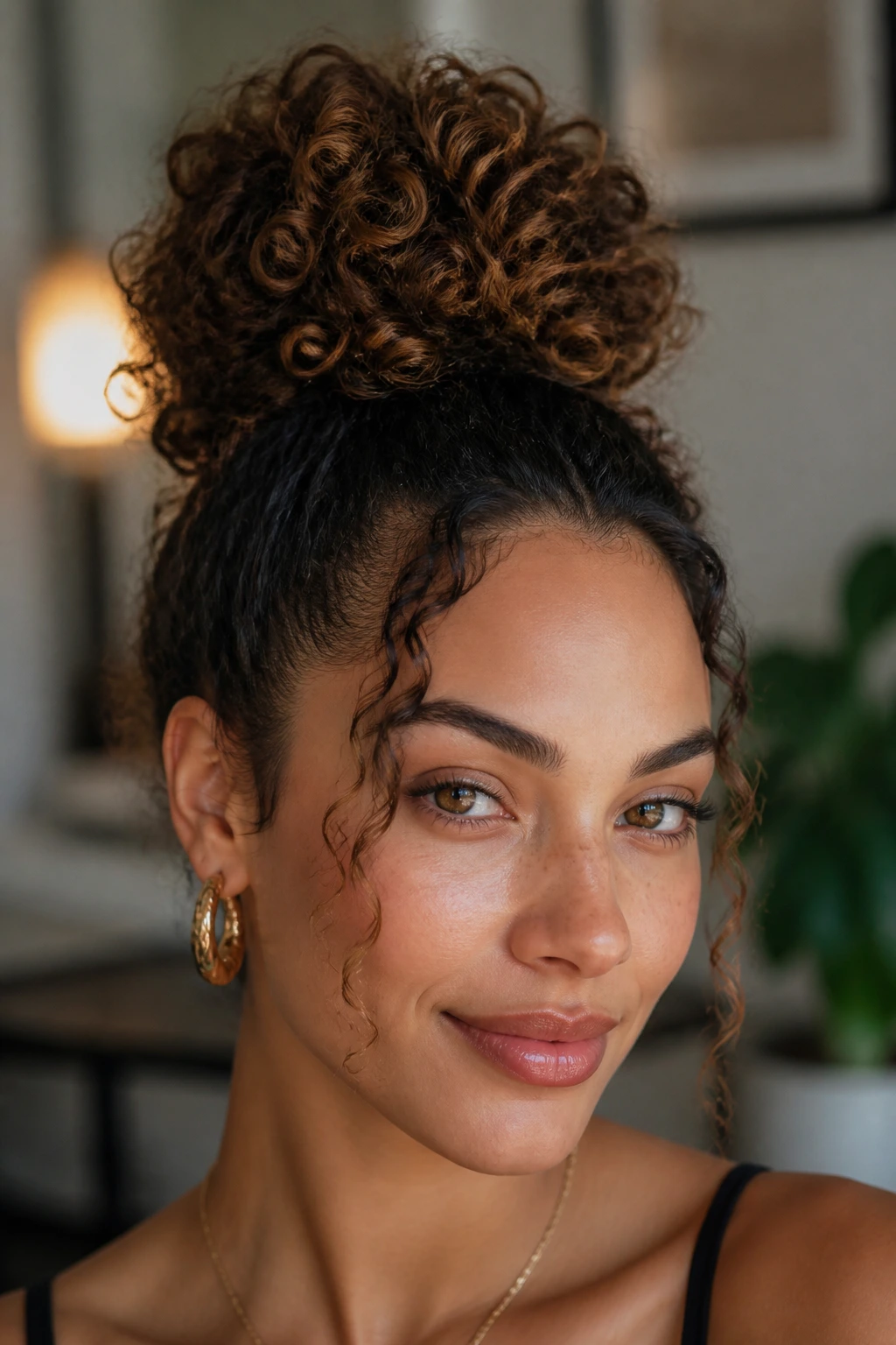 Real-person portrait with high curly bun and face-framing pieces