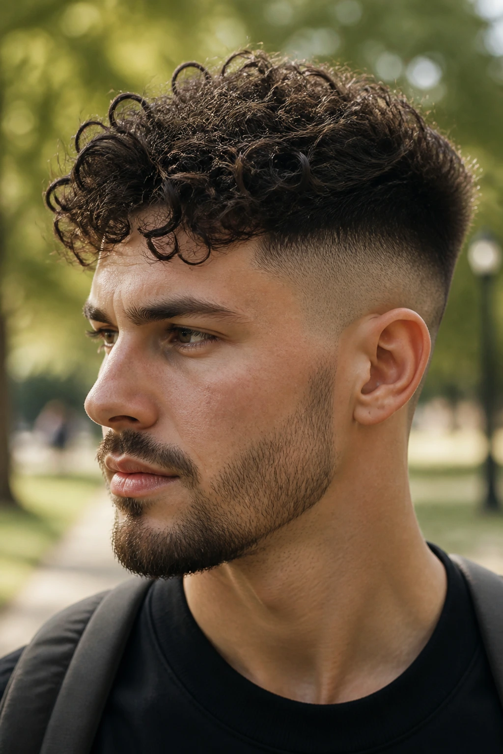 Man with curly hair piled on top and high fade in a park setting