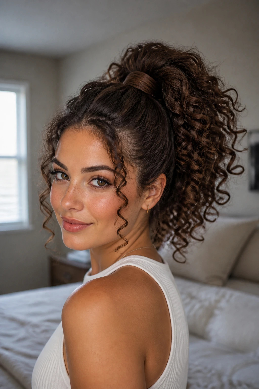 Real woman with curly high ponytail wrapped at base