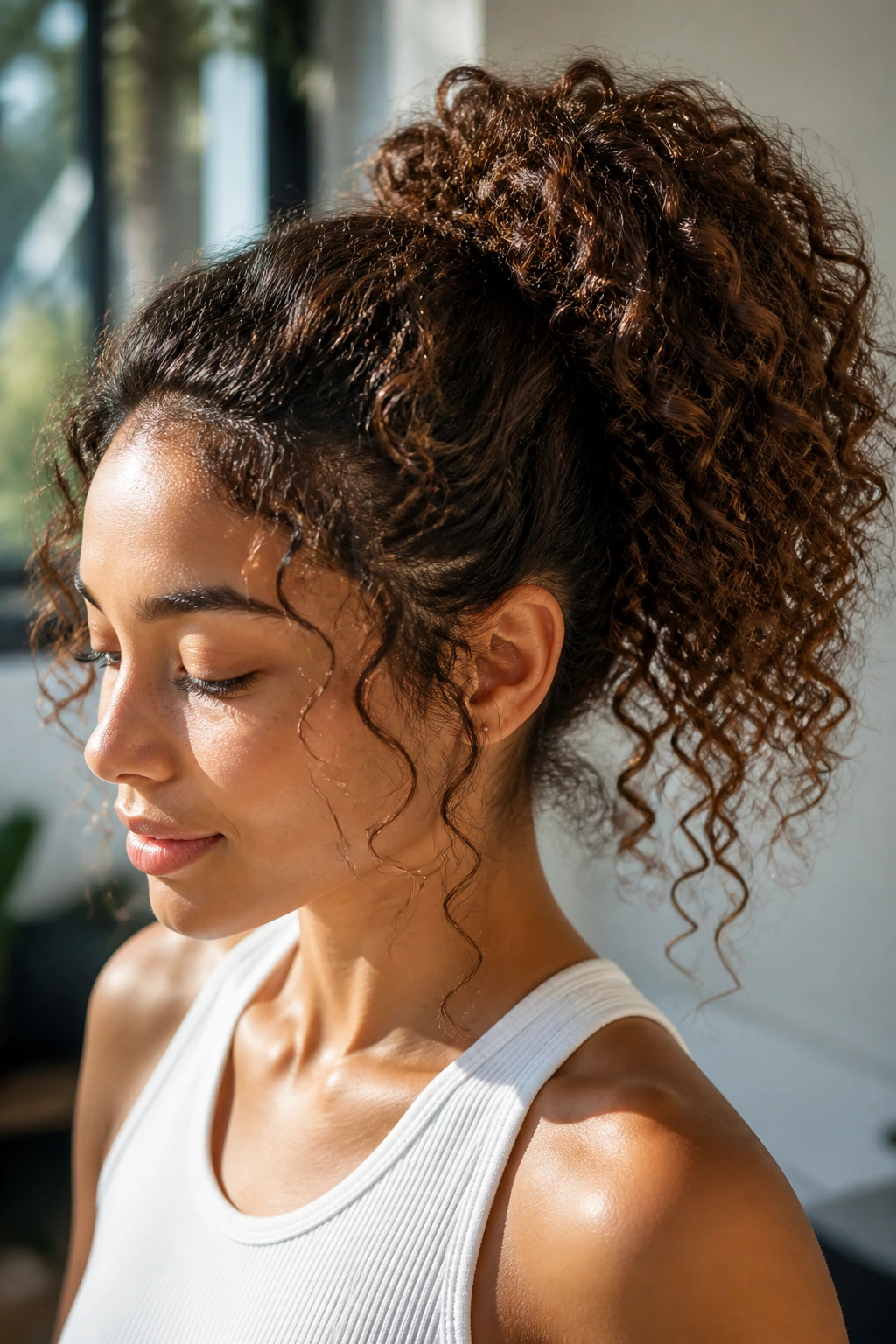 Close-up of a curly high ponytail on a real woman