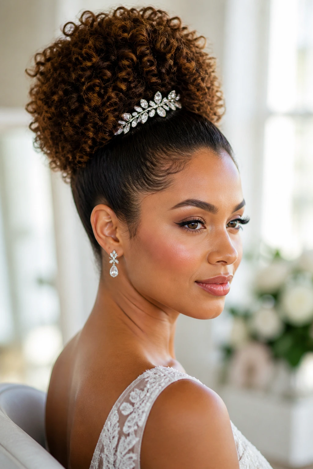 Curly high puff with jewelled clip on a real bride in a bright bridal room