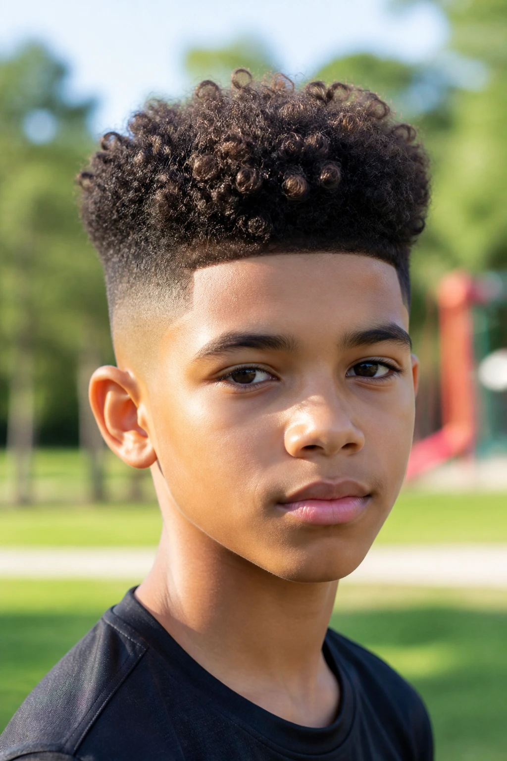 Close-up of a boy with a curly high top hairstyle in daylight