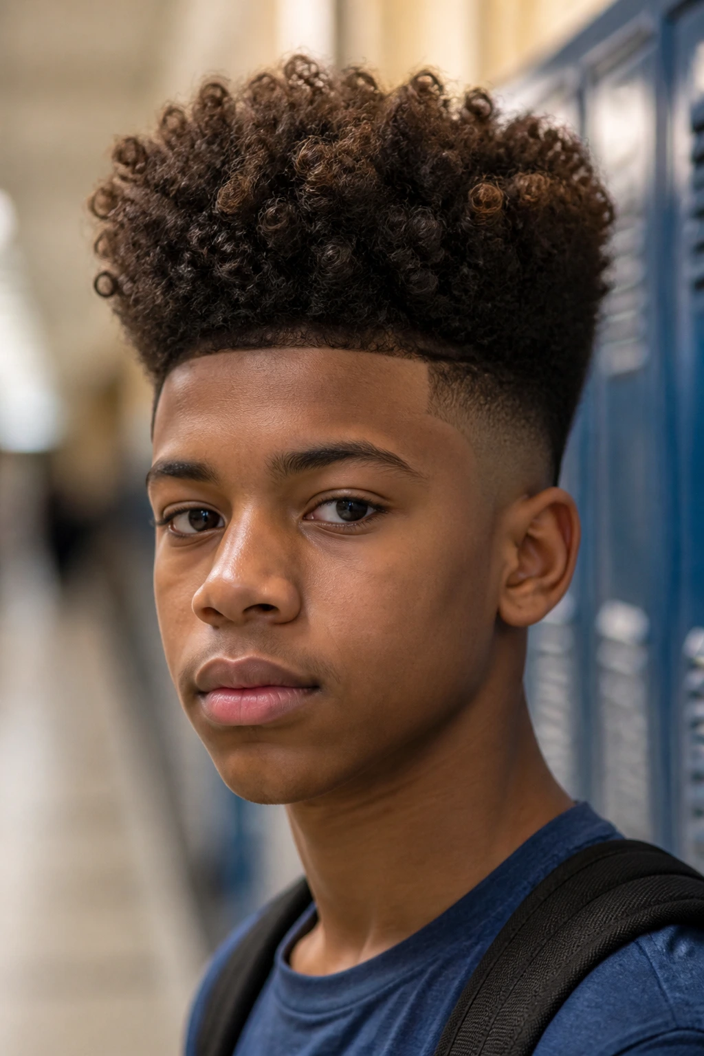Close-up portrait of a real schoolboy with a curly high top hairstyle