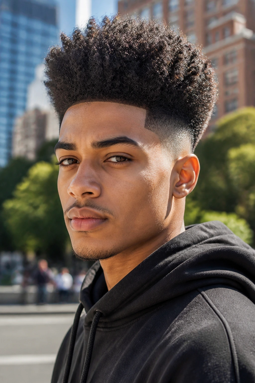 Portrait of Curly High Top Fade on a real person in an urban setting