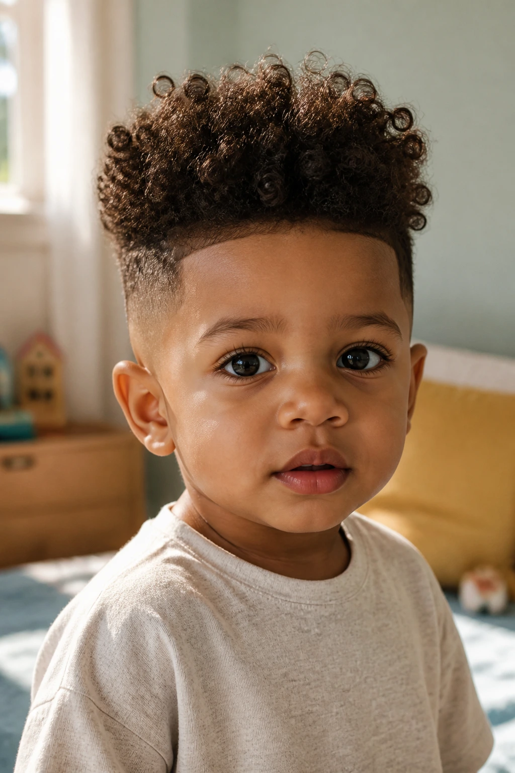Close-up of a toddler boy with a curly high-top hairstyle in a sunlit bedroom