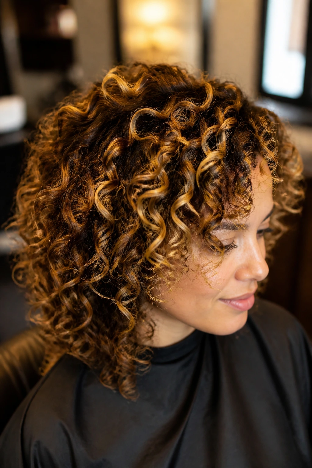 Close-up of curly-haired person in a salon chair illustrating highlight mapping