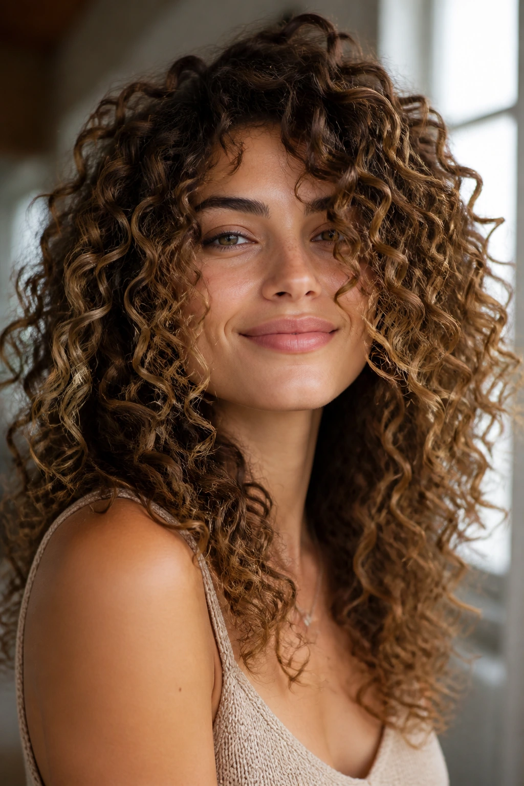Close up portrait of a real woman with curly highlights showing pattern in natural light