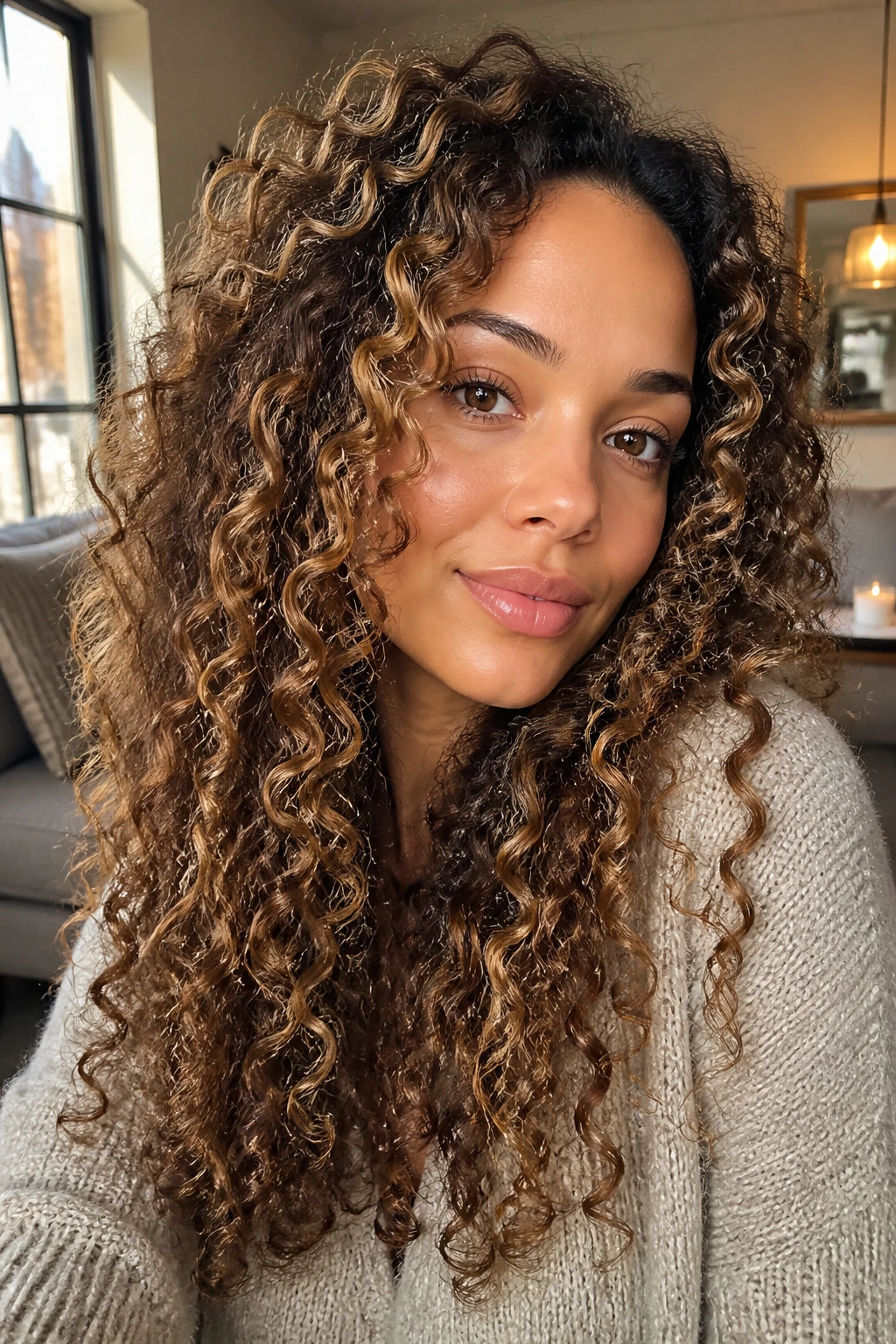 Close-up of a real person with curly hair showing highlight ribbons following curls