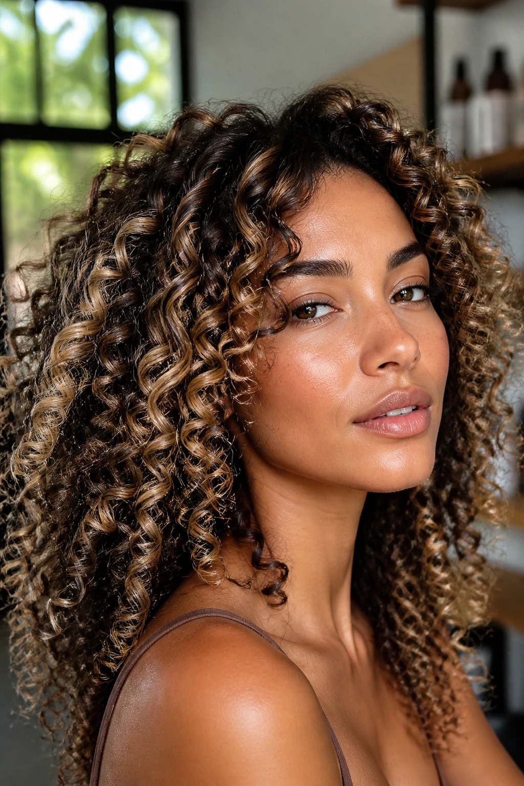 Close-up of curly hair with wide ribbon highlights woven into the curls.