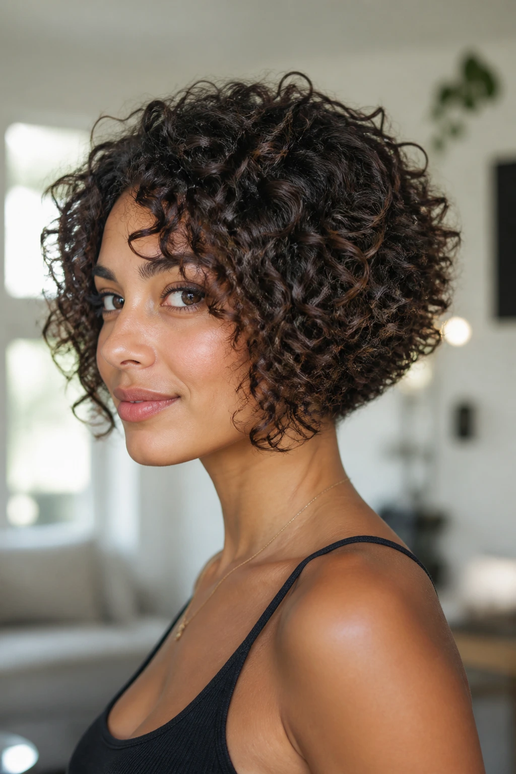 Close-up of a real woman with curly inverted bob and round layers in a bright living room