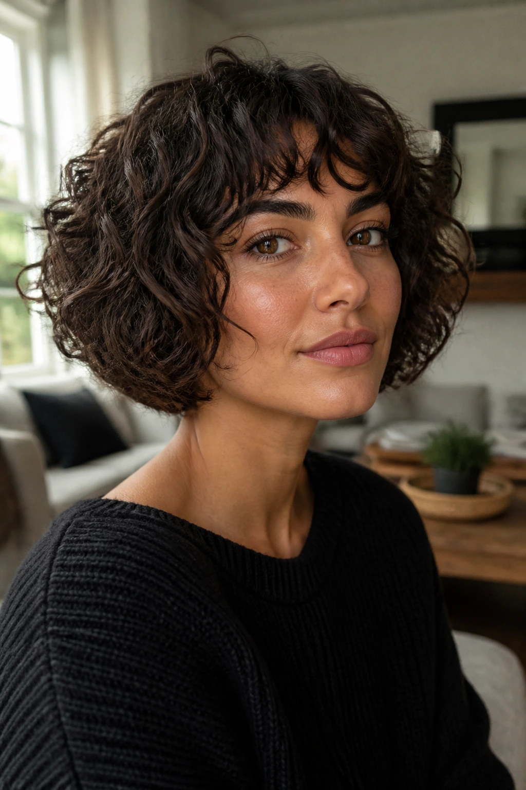 Portrait of a real woman with curly Italian bob and defined curls.