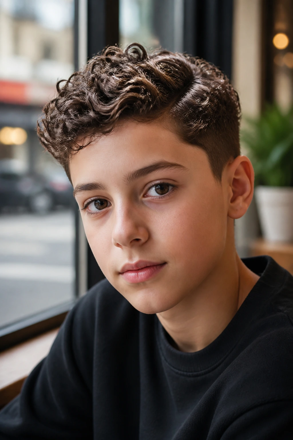 Close-up portrait of a boy with Curly Ivy League haircut and soft side part