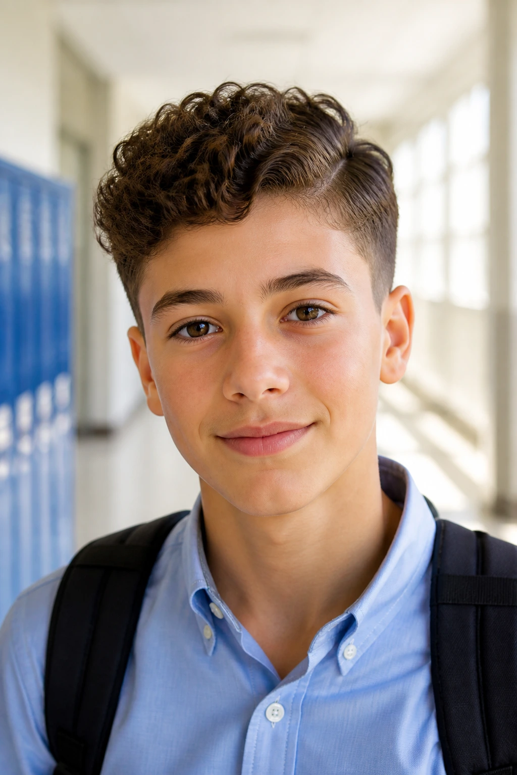 Portrait of a boy with curly ivy league haircut, textured top and tapered sides
