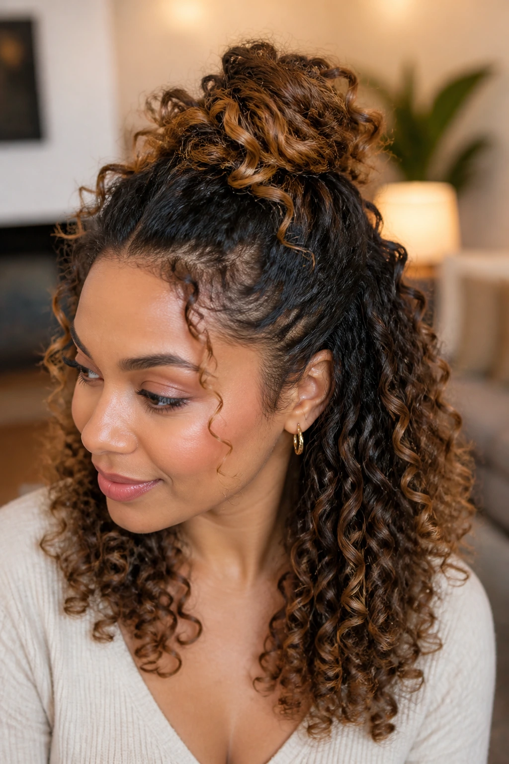 Close-up of a real woman with a curly knot half-up hairstyle at the crown.
