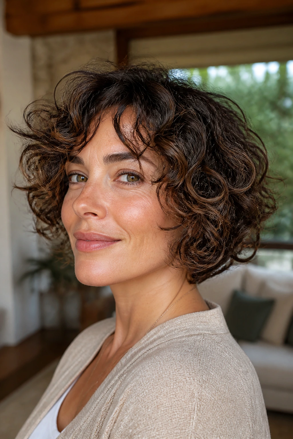 Close-up of a woman with curly layered bob showing rounded silhouette