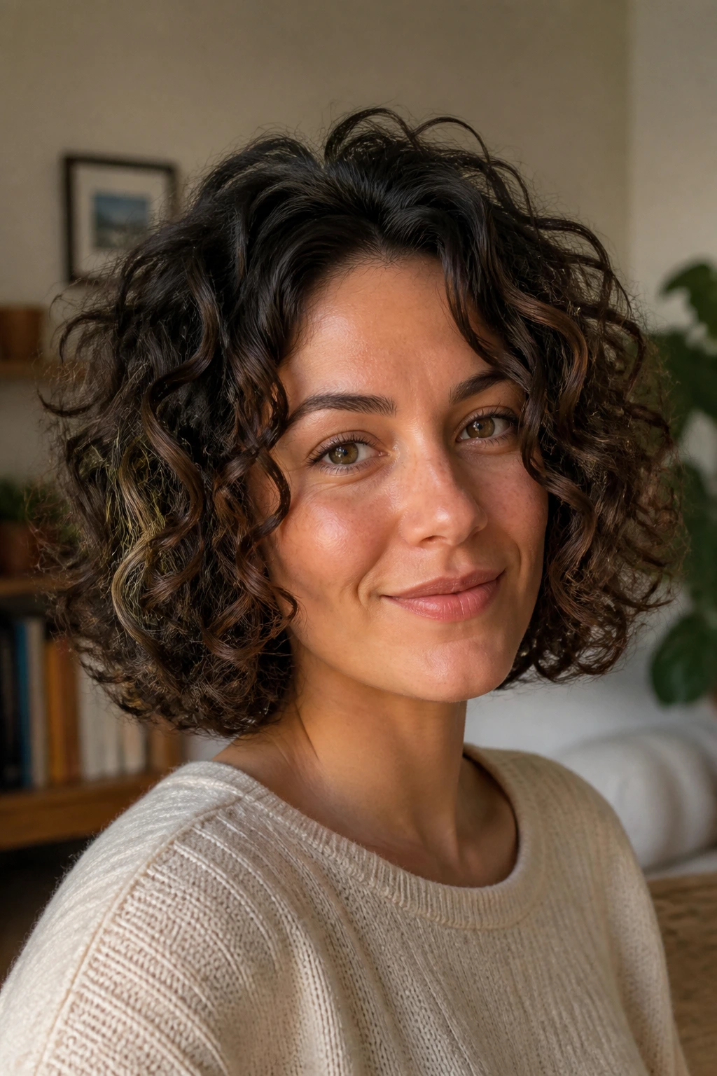 Portrait of a woman with curly layered bob at chin to collarbone length