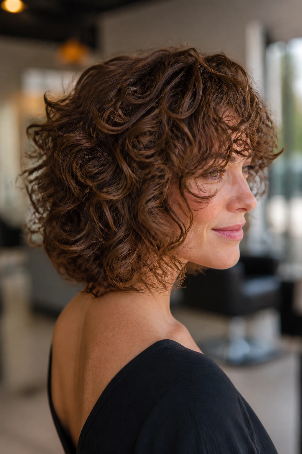 Close-up portrait of a real woman with layered curly bob highlighting crown and nape in natural light