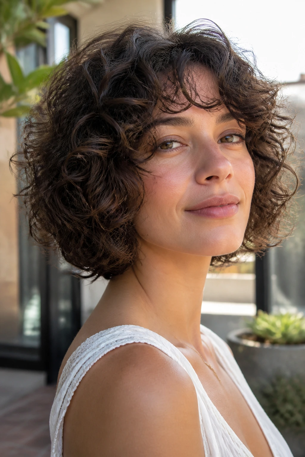 Close-up portrait of a real woman with Curly Layered Bob showing defined curls and layered structure