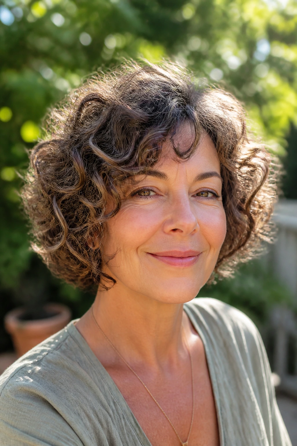 Close-up portrait of a real woman with curly layered bob showing rounded curl pattern.