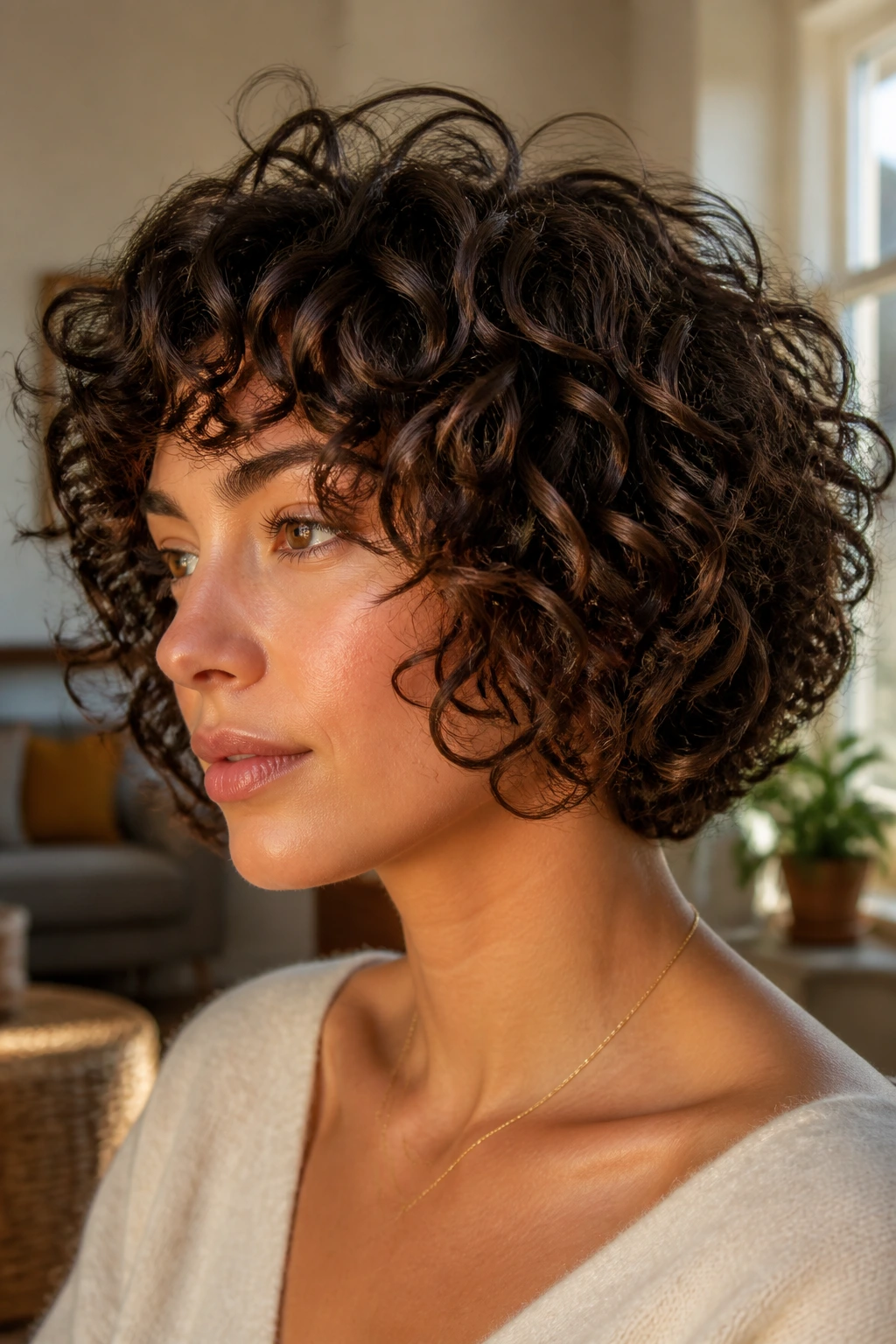 Close-up portrait of a real woman with curly layered bob framing the face