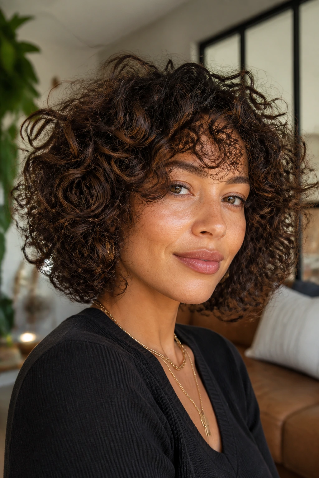 Close-up of real woman with curly layered bob showing shrinkage and defined curls.