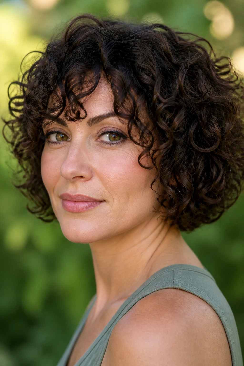 Close-up portrait of a real woman with a curly layered bob showing defined curls.
