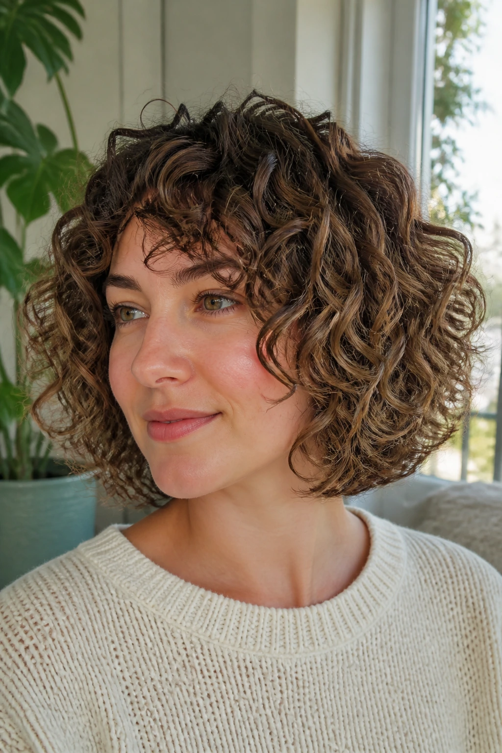 Close-up of a real woman with curly layered bob and defined curls