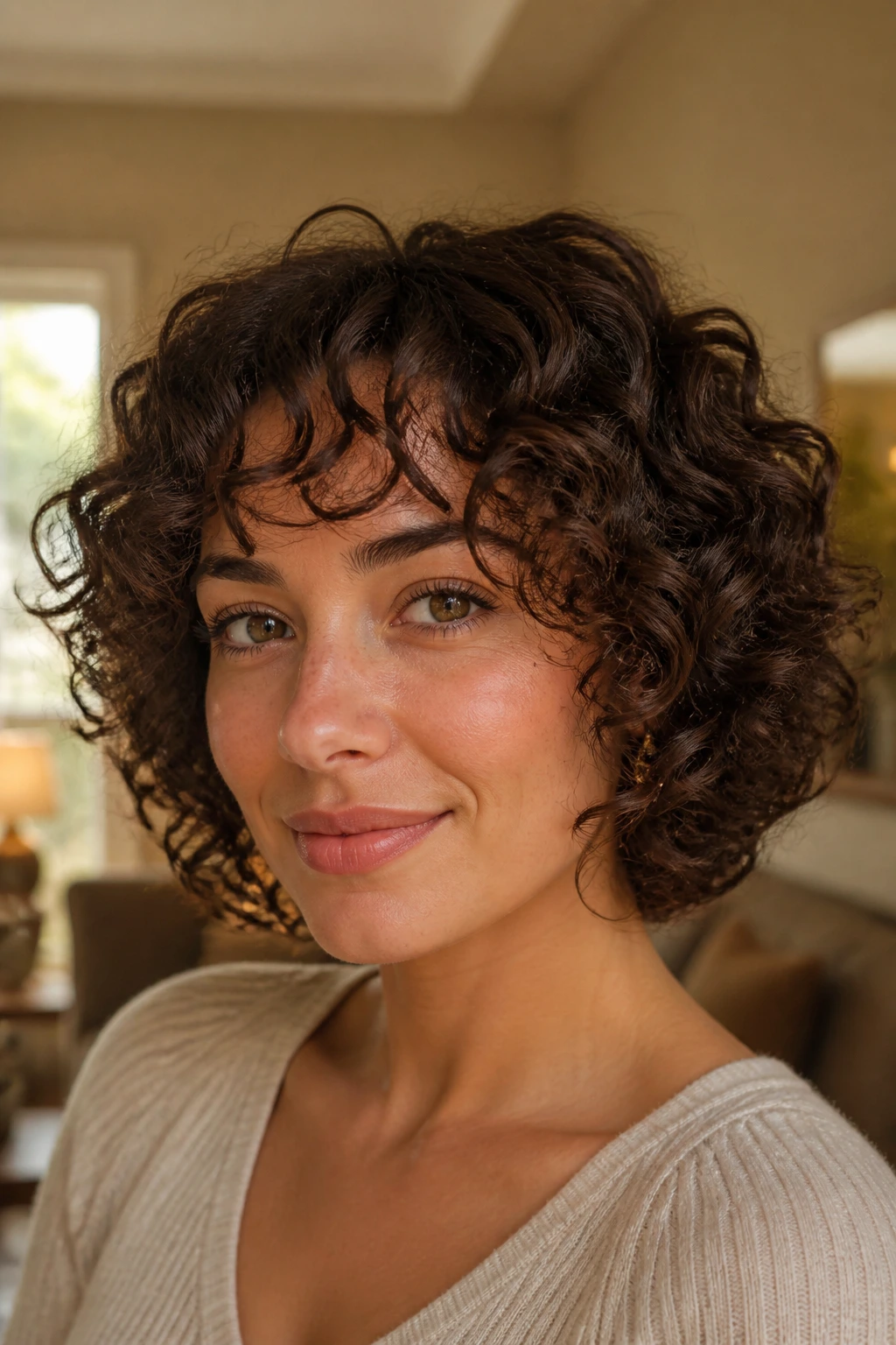 Close-up portrait of a real woman with a chin-length curly layered bob in warm window light.