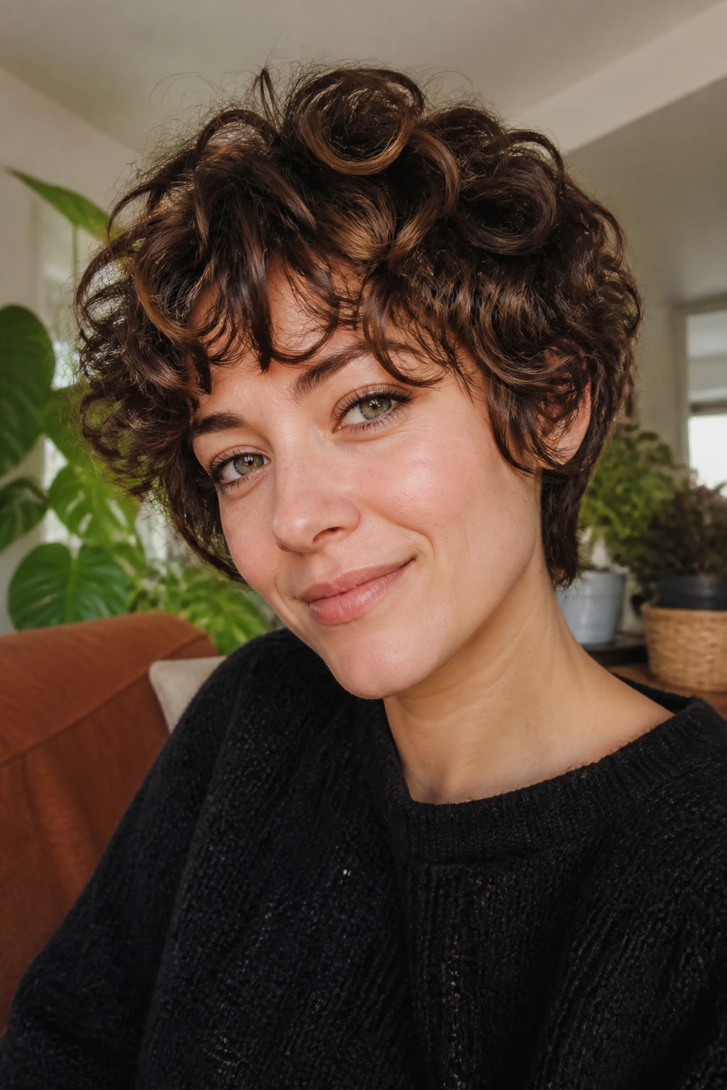 Close-up of a real woman with curly layered crop framing the face