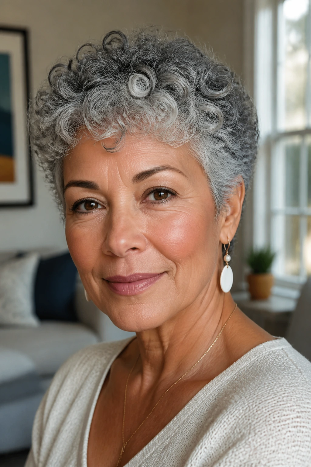 Close-up of a real woman with a curly layered crop showing natural texture.