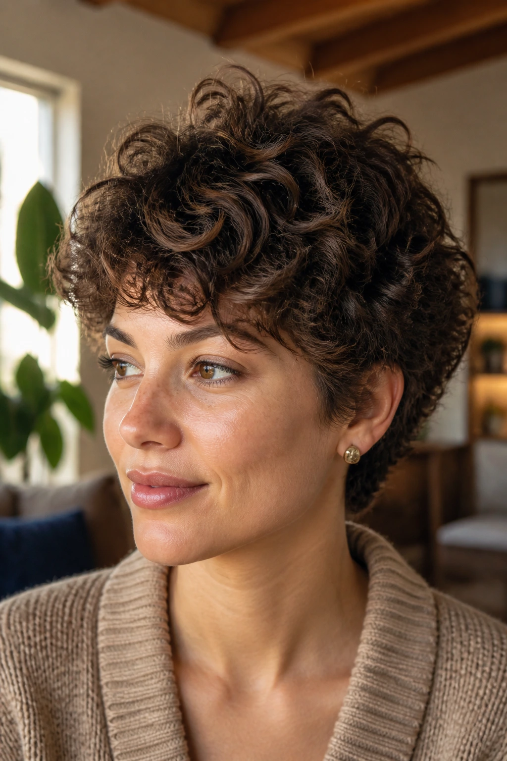 Close-up of a real person with curly layered crop and lifted crown.